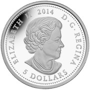 Canada 5 Dollars Princess to Monarch 2014 Proof KM# 1799 ELIZABETH II 2014 D ∙ G ∙ REGINA 5 DOLLARS coin obverse Canada 5 Dollars Princess to Monarch 2014 Proof KM# 1799 ELIZABETH II 2014 D ∙ G ∙ REGINA 5 DOLLARS coin obverse