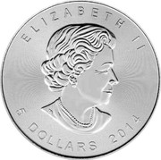 Canada 5 Dollars Wildlife - Grizzly Bear 2014 ELIZABETH II 5 DOLLARS 2014 coin obverse Canada 5 Dollars Wildlife - Grizzly Bear 2014 ELIZABETH II 5 DOLLARS 2014 coin obverse