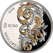 Latvia 5 Euro Baroque of Courland 2014 Proof KM# 164 5 EURO LATVIJA 2014 coin obverse Latvia 5 Euro Baroque of Courland 2014 Proof KM# 164 5 EURO LATVIJA 2014 coin obverse