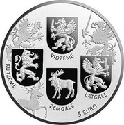 Latvia 5 Euro Coats of Arms 2018 KURZEME VIDZEME ZEMGALE LATGALE 5 EURO coin reverse Latvia 5 Euro Coats of Arms 2018 KURZEME VIDZEME ZEMGALE LATGALE 5 EURO coin reverse
