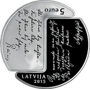 Latvia 5 Euro Rainis and Aspazija 2015 Proof KM# 165 5 EURO LATVIJA 2015 coin obverse Latvia 5 Euro Rainis and Aspazija 2015 Proof KM# 165 5 EURO LATVIJA 2015 coin obverse