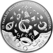 Latvia 5 Euro Smith forges in the sky 2017 Proof KM# 187 ES PAKLĀJU VILLAINĪTI, MAN PIEBIRA SUDRABIŅA. 5 EURO 2017 coin reverse Latvia 5 Euro Smith forges in the sky 2017 Proof KM# 187 ES PAKLĀJU VILLAINĪTI, MAN PIEBIRA SUDRABIŅA. 5 EURO 2017 coin reverse