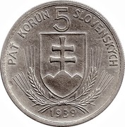 Slovakia 5 Korun 1939 Approximately 2,000,000 pieces were melted down by the Czechoslovak National Bank in 1947 KM# 2 Republic (1939-1945) PÄŤ KORÚN 5 SLOVENSKÝCH 1939 coin obverse Slovakia 5 Korun 1939 Approximately 2,000,000 pieces were melted down by the Czechoslovak National Bank in 1947 KM# 2 Republic (1939-1945) PÄŤ KORÚN 5 SLOVENSKÝCH 1939 coin obverse