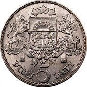Latvia 5 Lati 1931 Proof KM# 9 First Republic (1918-1939) 19 29 PIECI 5 LATI coin reverse Latvia 5 Lati 1931 Proof KM# 9 First Republic (1918-1939) 19 29 PIECI 5 LATI coin reverse
