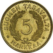 Finland 5 Markkaa 1938 S KM# 31 Decimal Coinage SUOMEN TASAVALTA 5 MARKKAA coin reverse Finland 5 Markkaa 1938 S KM# 31 Decimal Coinage SUOMEN TASAVALTA 5 MARKKAA coin reverse