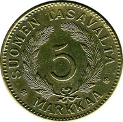 Finland 5 Markkaa 1946 S KM# 31a Decimal Coinage SUOMEN TASAVALTA 5 MARKKAA coin reverse Finland 5 Markkaa 1946 S KM# 31a Decimal Coinage SUOMEN TASAVALTA 5 MARKKAA coin reverse