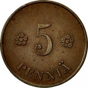 Finland 5 Pennia 1919 KM# 22 Decimal Coinage 5 PENNIÄ coin reverse Finland 5 Pennia 1919 KM# 22 Decimal Coinage 5 PENNIÄ coin reverse