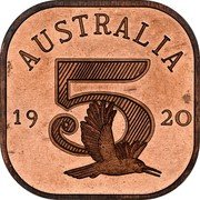 Australia 5 S Kookaburra 1920 Proof X# 1b AUSTRALIA 19 20 5 coin reverse Australia 5 S Kookaburra 1920 Proof X# 1b AUSTRALIA 19 20 5 coin reverse