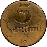 Latvia 5 Santimi First Republic Coinage 1922 Without name below ribbon KM# 3 5 SANTIMI YEAR coin reverse Latvia 5 Santimi First Republic Coinage 1922 Without name below ribbon KM# 3 5 SANTIMI YEAR coin reverse