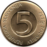 Slovenia 5 Tolarjev 1992 KM# 6 Standart Coinage REPUBLIKA SLOVENIJA PET TOLARJEV 5 2000 coin obverse Slovenia 5 Tolarjev 1992 KM# 6 Standart Coinage REPUBLIKA SLOVENIJA PET TOLARJEV 5 2000 coin obverse