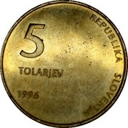 Slovenia 5 Tolarjev 5th anniversary of Independence 1996 KM# 32 5 TOLARJEV 1996 REPUBLIKA SLOVENIJA coin obverse Slovenia 5 Tolarjev 5th anniversary of Independence 1996 KM# 32 5 TOLARJEV 1996 REPUBLIKA SLOVENIJA coin obverse