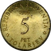 Slovenia 5 Tolarjev Battle of Sisek 1993 KM# 9 REPUBLIKA SLOVENIJA 1993 5 PET * TOLARJEV * coin obverse Slovenia 5 Tolarjev Battle of Sisek 1993 KM# 9 REPUBLIKA SLOVENIJA 1993 5 PET * TOLARJEV * coin obverse