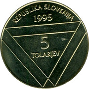 Slovenia 5 Tolarjev Centennial of Erection of Aljaz Tower 1995 KM# 26 REPUBLIKA SLOVENIJA 1995 5 TOLARJEV coin obverse Slovenia 5 Tolarjev Centennial of Erection of Aljaz Tower 1995 KM# 26 REPUBLIKA SLOVENIJA 1995 5 TOLARJEV coin obverse