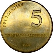 Slovenia 5 Tolarjev Glagolitic Alphabet 1994 KM# 16 PET TOLARJEV 5 REPUBLIKA SLOVENIJA 1994 coin obverse Slovenia 5 Tolarjev Glagolitic Alphabet 1994 KM# 16 PET TOLARJEV 5 REPUBLIKA SLOVENIJA 1994 coin obverse