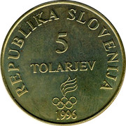 Slovenia 5 Tolarjev Olympics Centennial 1996 KM# 33 REPUBLIKA SLOVENIJA 5 TOLARJEV 1996 coin obverse Slovenia 5 Tolarjev Olympics Centennial 1996 KM# 33 REPUBLIKA SLOVENIJA 5 TOLARJEV 1996 coin obverse