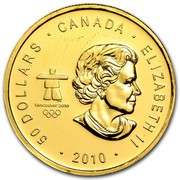 Canada 50 Dollars Vancouver Olympics 2010 KM# 1029 50 DOLLARS ∙ CANADA ∙ ELIZABETH II ∙ 2010 coin obverse Canada 50 Dollars Vancouver Olympics 2010 KM# 1029 50 DOLLARS ∙ CANADA ∙ ELIZABETH II ∙ 2010 coin obverse