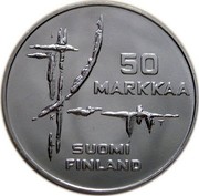 Finland 50 Markkaa World Ice Hockey Championship Games 1982 K-T KM# 60 50 MARKKAA T SUOMI FINLAND coin obverse Finland 50 Markkaa World Ice Hockey Championship Games 1982 K-T KM# 60 50 MARKKAA T SUOMI FINLAND coin obverse