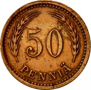 Finland 50 Pennia 1942 S KM# 26a Decimal Coinage 50 PENNIÄ coin reverse Finland 50 Pennia 1942 S KM# 26a Decimal Coinage 50 PENNIÄ coin reverse