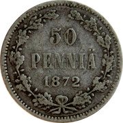 Finland 50 Pennia Crowned Eagle 1872 S Some specimens may appear prooflike. Proofs were never made officially by the mint KM# 2.2 50 PENNIÄ DATE coin reverse Finland 50 Pennia Crowned Eagle 1872 S Some specimens may appear prooflike. Proofs were never made officially by the mint KM# 2.2 50 PENNIÄ DATE coin reverse