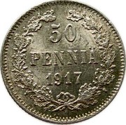 Finland 50 Pennia Nikolai II (Civil War Coinage without crown) 1917 S KM# 20 50 PENNIÄ 1917 coin reverse Finland 50 Pennia Nikolai II (Civil War Coinage without crown) 1917 S KM# 20 50 PENNIÄ 1917 coin reverse