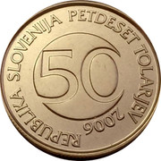 Slovenia 50 Tolarjev 2006 Proof KM# 52 Standart Coinage REPUBLIKA SLOVENIJA PETDESET TOLARJEV 50 YEAR coin obverse Slovenia 50 Tolarjev 2006 Proof KM# 52 Standart Coinage REPUBLIKA SLOVENIJA PETDESET TOLARJEV 50 YEAR coin obverse
