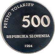 Slovenia 500 Tolarjev 1000th Anniversary Glagolitic Alphabet 1994 Proof KM# 19 PETSTO TOLARJEV 500 REPUBLIKA SLOVENIJA 1994 coin obverse Slovenia 500 Tolarjev 1000th Anniversary Glagolitic Alphabet 1994 Proof KM# 19 PETSTO TOLARJEV 500 REPUBLIKA SLOVENIJA 1994 coin obverse