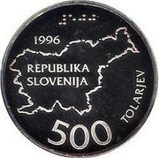 Slovenia 500 Tolarjev 5th Anniversary of Independence 1996 Proof KM# 34 1996 REPUBLIKA SLOVENIJA 500 TOLARJEV coin obverse Slovenia 500 Tolarjev 5th Anniversary of Independence 1996 Proof KM# 34 1996 REPUBLIKA SLOVENIJA 500 TOLARJEV coin obverse
