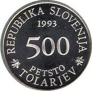 Slovenia 500 Tolarjev Academia Operosorum Labacensium 1993 Proof KM# 13 REPUBLIKA SLOVENIA 1993 500 PETSTO TOLARJEV coin obverse Slovenia 500 Tolarjev Academia Operosorum Labacensium 1993 Proof KM# 13 REPUBLIKA SLOVENIA 1993 500 PETSTO TOLARJEV coin obverse