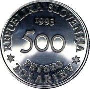 Slovenia 500 Tolarjev Battle of Sisek 1993 Proof KM# 10 REPUBLIKA SLOVENIJA 1993 500 PETSTO TOLARJEV coin obverse Slovenia 500 Tolarjev Battle of Sisek 1993 Proof KM# 10 REPUBLIKA SLOVENIJA 1993 500 PETSTO TOLARJEV coin obverse