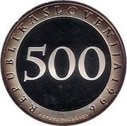 Slovenia 500 Tolarjev First Railway in Slovenia 1996 Proof KM# 30 REPUBLIKA SLOVENIJA 1996 500 PETSTO TOLARJEV coin obverse Slovenia 500 Tolarjev First Railway in Slovenia 1996 Proof KM# 30 REPUBLIKA SLOVENIJA 1996 500 PETSTO TOLARJEV coin obverse
