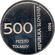 Slovenia 500 Tolarjev Monetary Institute of Slovenia 1994 Proof KM# 17 500 PETSTO TOLARJEV REPUBLIKA SLOVENIJA 1994 coin obverse Slovenia 500 Tolarjev Monetary Institute of Slovenia 1994 Proof KM# 17 500 PETSTO TOLARJEV REPUBLIKA SLOVENIJA 1994 coin obverse