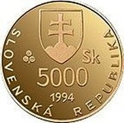 Slovakia 5000 Korun 1100th Anniversary - Death of Moravian King Svatopluk 1994 Proof KM# 29 SLOVENSKÁ REPUBLIKA 5000 SK 1994 coin obverse Slovakia 5000 Korun 1100th Anniversary - Death of Moravian King Svatopluk 1994 Proof KM# 29 SLOVENSKÁ REPUBLIKA 5000 SK 1994 coin obverse