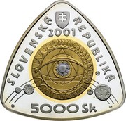 Slovakia 5000 Korun Third Millenium Beginning 2001 Proof KM# 58 SLOVENSKÁ REPUBLIKA 2001 5000 SK coin obverse Slovakia 5000 Korun Third Millenium Beginning 2001 Proof KM# 58 SLOVENSKÁ REPUBLIKA 2001 5000 SK coin obverse