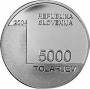 Slovenia 5000 Tolarjev 1000th Anniversary of Town of Bled mention 2004 Proof KM# 60 REPUBLIKA SLOVENIJA 2004 5000 TOLARJEV coin obverse Slovenia 5000 Tolarjev 1000th Anniversary of Town of Bled mention 2004 Proof KM# 60 REPUBLIKA SLOVENIJA 2004 5000 TOLARJEV coin obverse