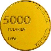 Slovenia 5000 Tolarjev 5th Anniversary Of Independence 1996 Proof KM# 35 REPUBLIKA SLOVENIJA 5000 TOLARJEV 1996 coin obverse Slovenia 5000 Tolarjev 5th Anniversary Of Independence 1996 Proof KM# 35 REPUBLIKA SLOVENIJA 5000 TOLARJEV 1996 coin obverse