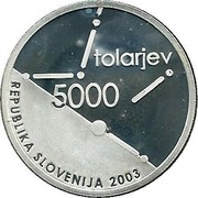 Slovenia 5000 Tolarjev 60th Anniversary of the Slovenian Assembly 2003 Proof KM# 55 TOLARJEV 5000 REPUBLIKA SLOVENIJA 2003 coin obverse Slovenia 5000 Tolarjev 60th Anniversary of the Slovenian Assembly 2003 Proof KM# 55 TOLARJEV 5000 REPUBLIKA SLOVENIJA 2003 coin obverse