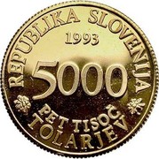 Slovenia 5000 Tolarjev Academia Operosorum Labacensium 1993 Proof KM# 14 REPUBLIKA SLOVENIJA 1993 5000 PET TISOČ TOLARJEV coin obverse