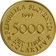 Slovenia 5000 Tolarjev Battle of Sisek 1993 Proof KM# 11 REPUBLIKA SLOVENIJA 1993 5000 PET TISOČ TOLARJEV coin obverse Slovenia 5000 Tolarjev Battle of Sisek 1993 Proof KM# 11 REPUBLIKA SLOVENIJA 1993 5000 PET TISOČ TOLARJEV coin obverse