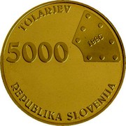 Slovenia 5000 Tolarjev First Railway in Slovenia 1996 Proof KM# 31 TOLARJEV 5000 1996 REPUBLIKA SLOVENIJA coin obverse