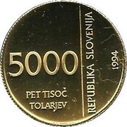 Slovenia 5000 Tolarjev Monetary Institute of Slovenia 1994 Proof KM# 18 5000 PET TISOČ TOLARJEV REPUBLIKA SLOVENIJA 1994 coin obverse Slovenia 5000 Tolarjev Monetary Institute of Slovenia 1994 Proof KM# 18 5000 PET TISOČ TOLARJEV REPUBLIKA SLOVENIJA 1994 coin obverse