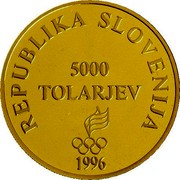 Slovenia 5000 Tolarjev Olympic Centennial 1996 Proof KM# 37 REPUBLIKA SLOVENIJA 5000 TOLARJEV 1996 coin obverse Slovenia 5000 Tolarjev Olympic Centennial 1996 Proof KM# 37 REPUBLIKA SLOVENIJA 5000 TOLARJEV 1996 coin obverse