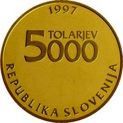 Slovenia 5000 Tolarjev Sigmund Zois 1997 Proof KM# 40 1997 TOLARJEV 5000 REPUBLIKA SLOVENIJA coin obverse Slovenia 5000 Tolarjev Sigmund Zois 1997 Proof KM# 40 1997 TOLARJEV 5000 REPUBLIKA SLOVENIJA coin obverse