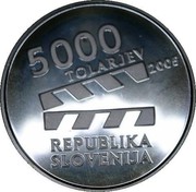 Slovenia 5000 Tolarjev Slovenian Film Centennial 2005 Proof KM# 62 5000 TOLARJEV 2005 REPUBLIKA SLOVENIJA coin obverse Slovenia 5000 Tolarjev Slovenian Film Centennial 2005 Proof KM# 62 5000 TOLARJEV 2005 REPUBLIKA SLOVENIJA coin obverse