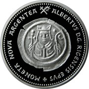 Latvia Lats 800 Year of Coinage Right of Riga 2011 Proof KM# 124 ALBERTVS D.G. RIGENSIS EPVS MONETA NOVA ARGENTEA coin reverse