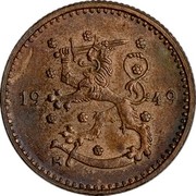 Finland Markka 1949 H Counterfeits exist KM# 30a Decimal Coinage DATE coin obverse Finland Markka 1949 H Counterfeits exist KM# 30a Decimal Coinage DATE coin obverse