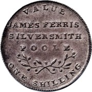 UK One Shilling (Dorsetshire - Poole J. Ferris) VALUE JAMES FERRIS SILVERSMITH POOLE ONE SHILLING coin reverse UK One Shilling (Dorsetshire - Poole J. Ferris) VALUE JAMES FERRIS SILVERSMITH POOLE ONE SHILLING coin reverse