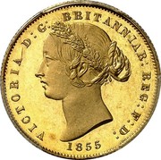 Australia One Sovereign Victoria Queen. Pattern 1855 KM# Pn4 VICTORIA D: G: BRITANNIAR: REG: F: D: 1855 coin obverse Australia One Sovereign Victoria Queen. Pattern 1855 KM# Pn4 VICTORIA D: G: BRITANNIAR: REG: F: D: 1855 coin obverse