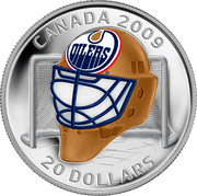 Canada 20 Dollars Team Goalie Mask. Edmonton Oilers 2009 Proof KM# 871 CANADA 2009 20 DOLLARS coin reverse Canada 20 Dollars Team Goalie Mask. Edmonton Oilers 2009 Proof KM# 871 CANADA 2009 20 DOLLARS coin reverse