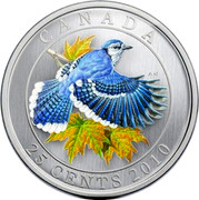 Canada 25 Cents Blue Jay 2010 Specimen KM# 1001 CANADA 25 CENTS 2010 coin reverse Canada 25 Cents Blue Jay 2010 Specimen KM# 1001 CANADA 25 CENTS 2010 coin reverse