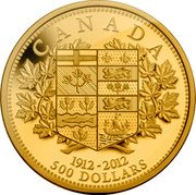 Canada 500 Dollars Canada's First Gold Coins 1912-2012 Proof KM# 1179 CANADA 1912-2012 500 DOLLARS coin reverse Canada 500 Dollars Canada's First Gold Coins 1912-2012 Proof KM# 1179 CANADA 1912-2012 500 DOLLARS coin reverse